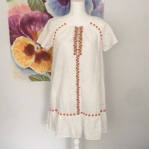 Madewell Embroidered Linen-Blend Raglan Ruffle Mini Dress